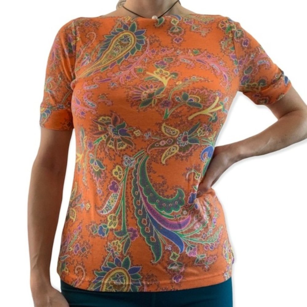 New DEADSTOCK Lauren Ralph Lauren Orange Paisley Roll Sleeve Top Patterned